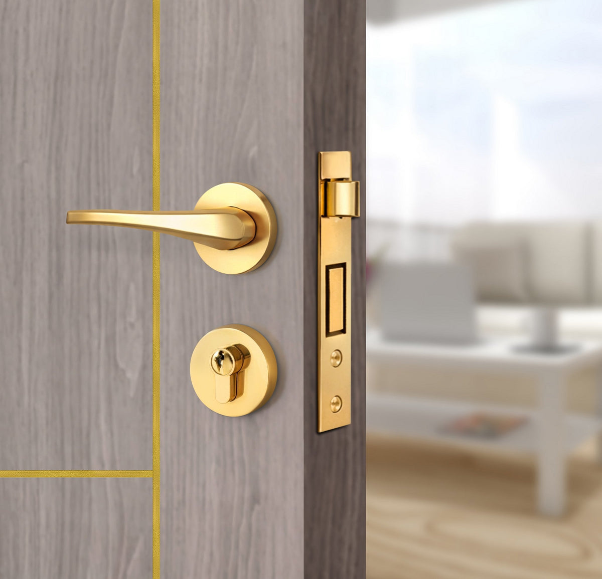 Arctic Ash Interior Door Slab - Scala 4 Concave Design in Solar Gold epoxy, angled view