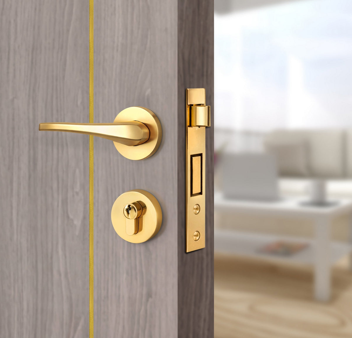 Arctic Ash Interior Door Slab - Axis 2 Concave Design in Solar Gold epoxy, angled view