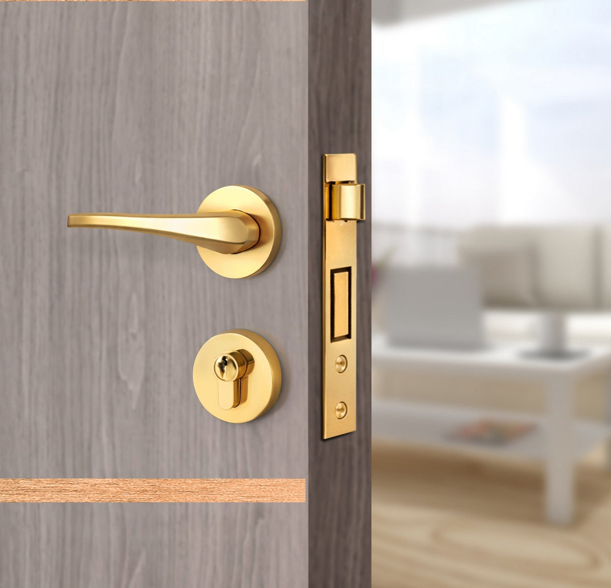 Arctic Ash Interior Door Slab - Elevar 4 Inlay Design in Brushed Rose Gold epoxy, angled view