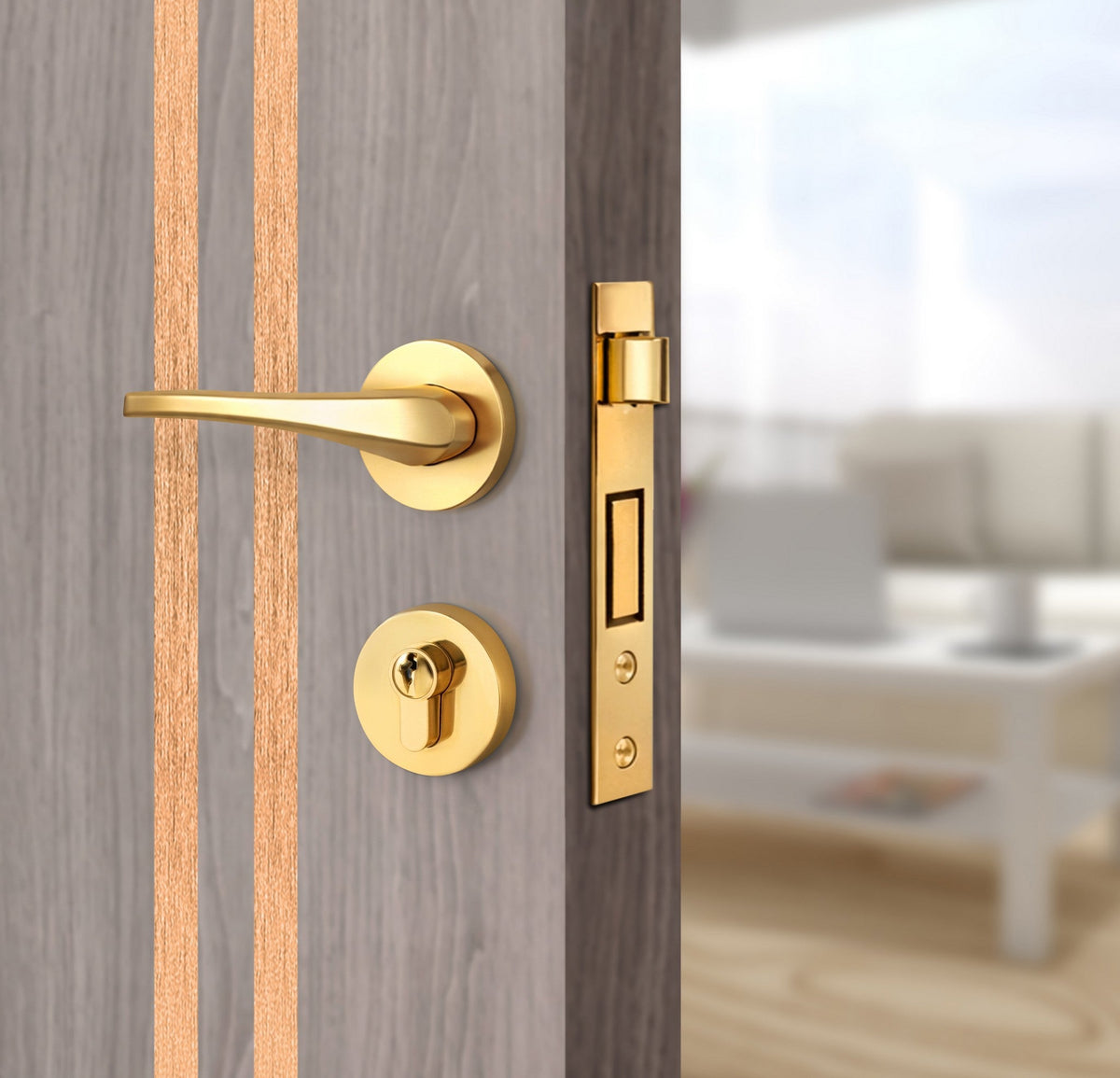 Arctic Ash Interior Double Door Slabs - Aliyah 2L Inlay Design in Brushed Rose Gold epoxy, angled view