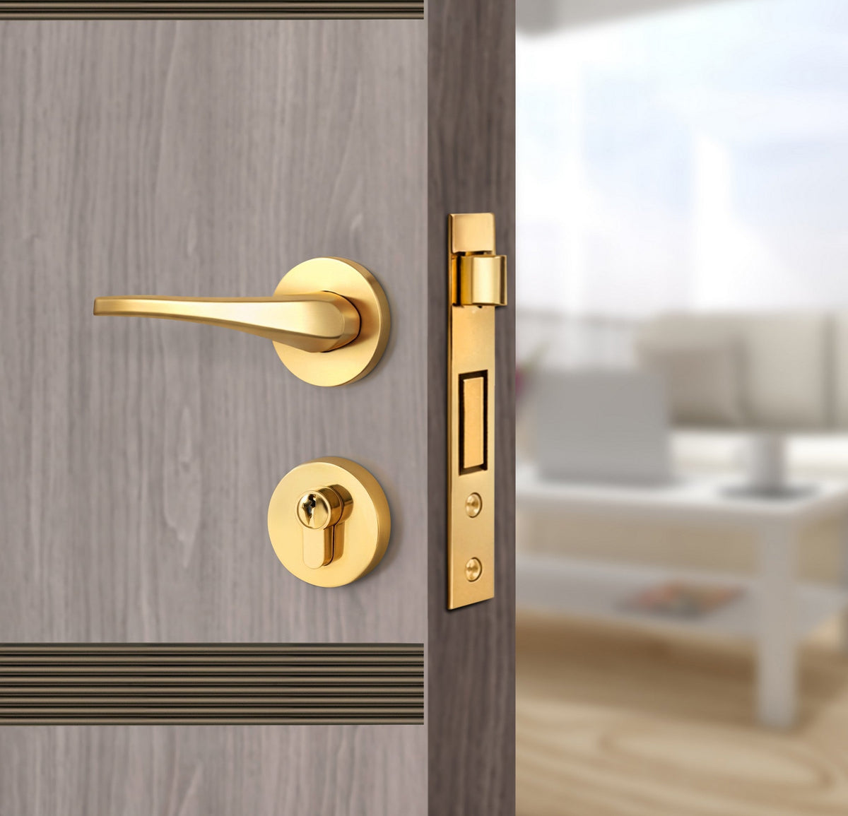 Arctic Ash Interior Double Door Slabs - Elevar 2N Inlay Design in Bronze epoxy, angled view