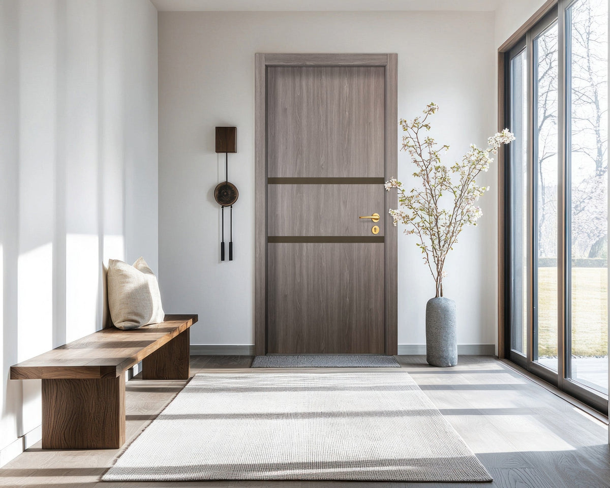 Arctic Ash Interior Door Slab - Elevar 2N Inlay Design in Bronze epoxy, detail view