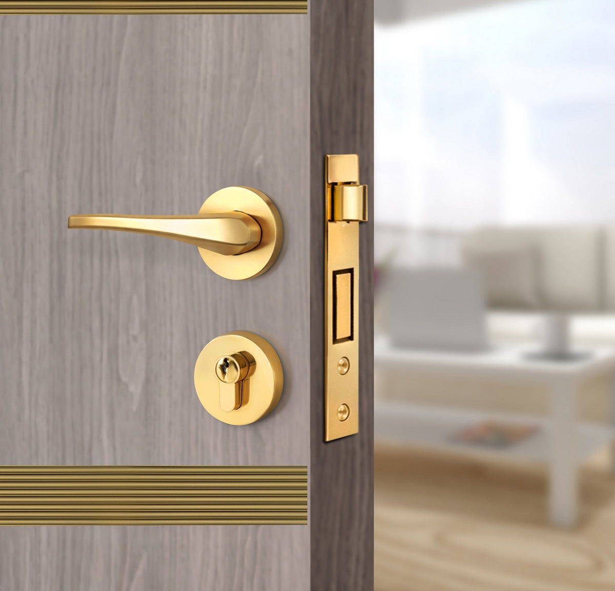 Arctic Ash Interior Door Slab - Elevar 2N Inlay Design in Gold epoxy, angled view
