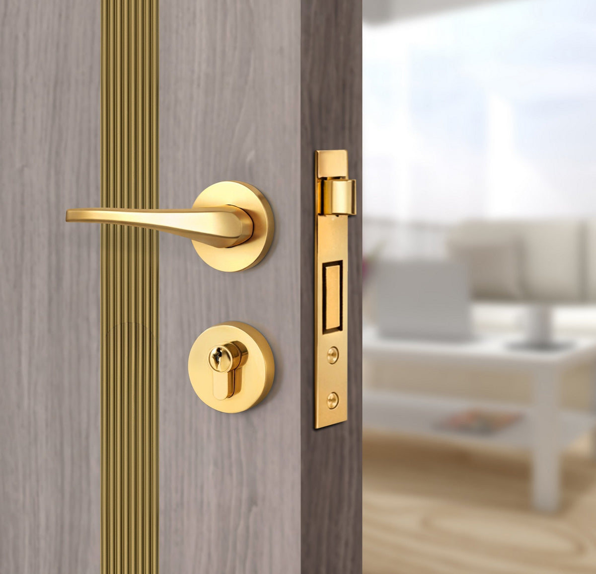Arctic Ash Interior Double Door Slabs - Aliyah 1L Inlay Design in Gold epoxy, angled view