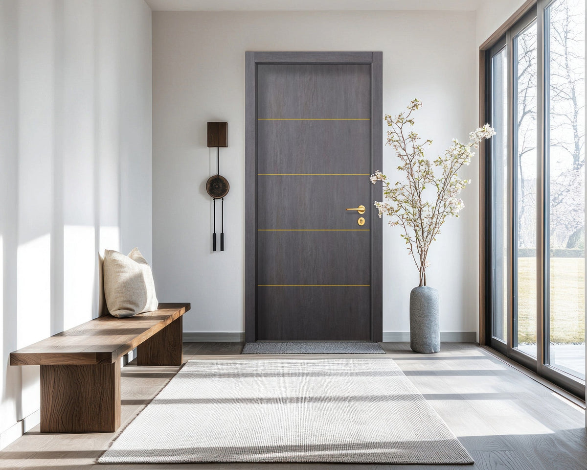 Charcoal Oak Interior Door Slab - Elevar 4 Concave Design in Solar Gold epoxy, detail view