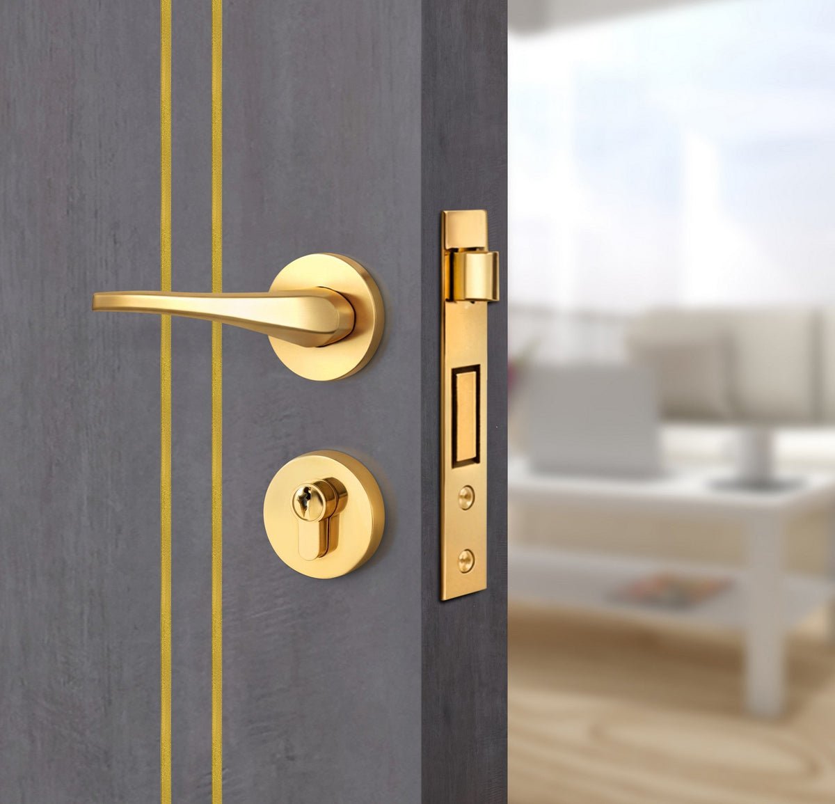 Charcoal Oak Interior Door Slab - Aliyah 2L Concave Design in Solar Gold epoxy, angled view