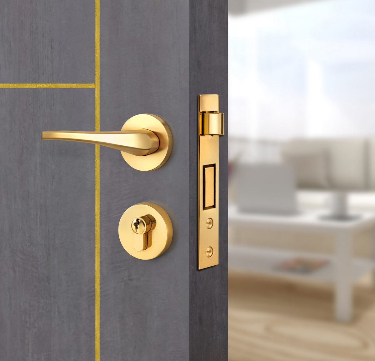 Charcoal Oak Interior Door Slab - Scala 3 Concave Design in Solar Gold epoxy, angled view