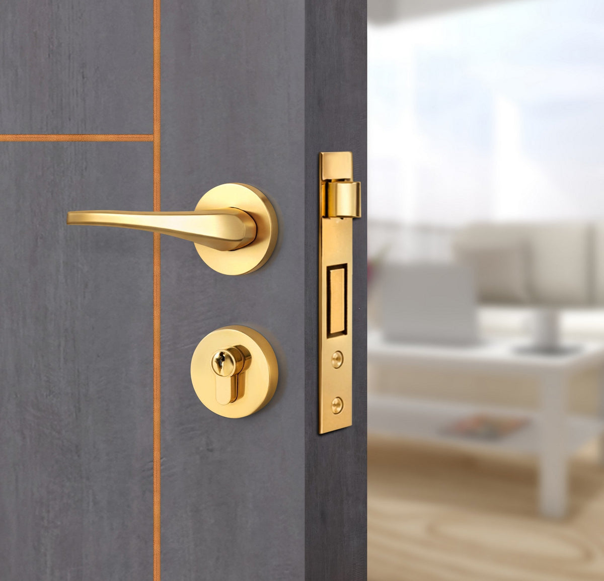 Charcoal Oak Interior Door Slab - Scala 3 Concave Design in Copper Pearl epoxy, angled view