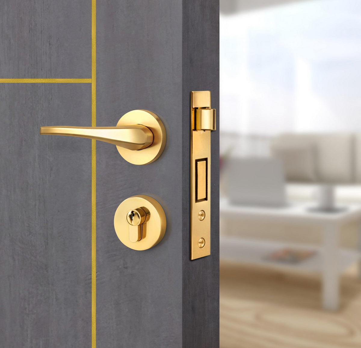 Charcoal Oak Interior Door Slab - Scala 1 Concave Design in Solar Gold epoxy, angled view