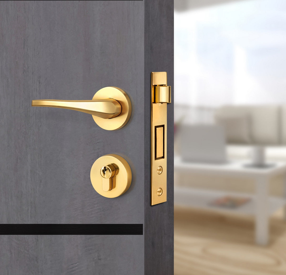 Charcoal Oak Interior Door Slab - Elevar 4 Inlay Design in Glossy Black epoxy, angled view