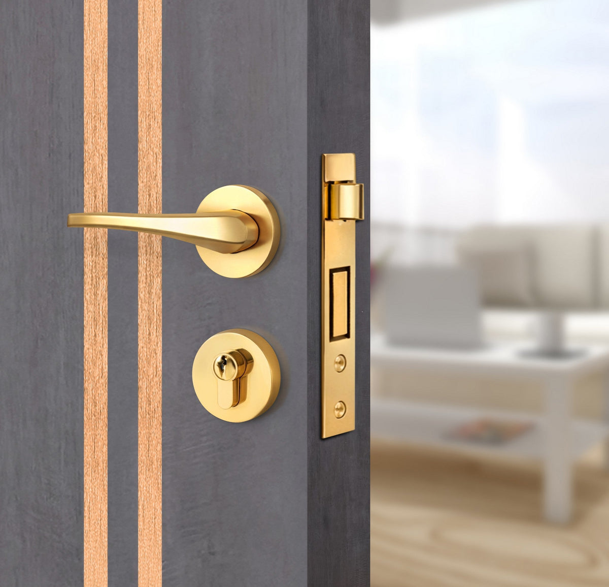 Charcoal Oak Interior Door Slab - Aliyah 2L Inlay Design in Brushed Rose Gold epoxy, angled view