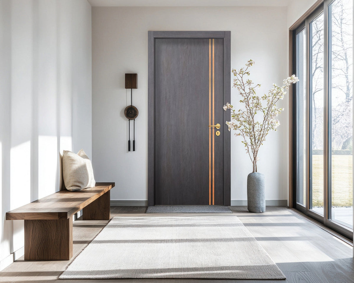 Charcoal Oak Interior Door Slab - Aliyah 2L Inlay Design in Brushed Rose Gold epoxy, detail view