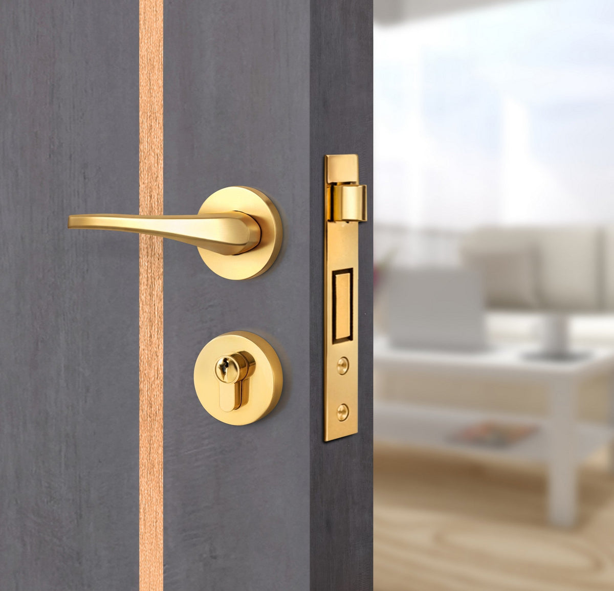 Charcoal Oak Interior Door Slab - Aliyah 2 Inlay Design in Brushed Rose Gold epoxy, angled view