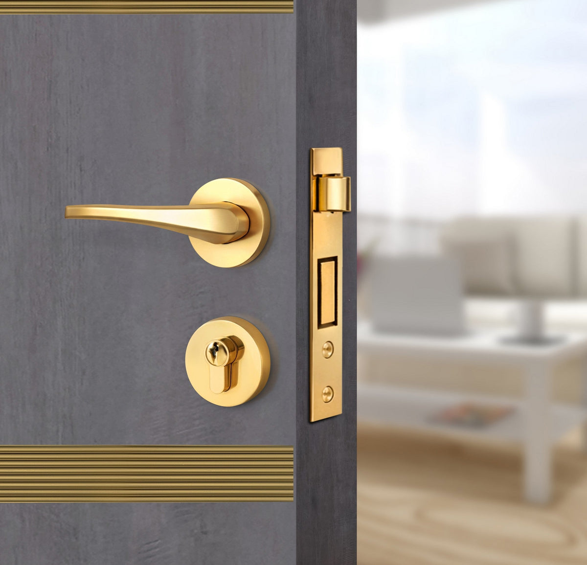 Charcoal Oak Interior Double Door Slabs - Elevar 2N Inlay Design in Gold epoxy, angled view