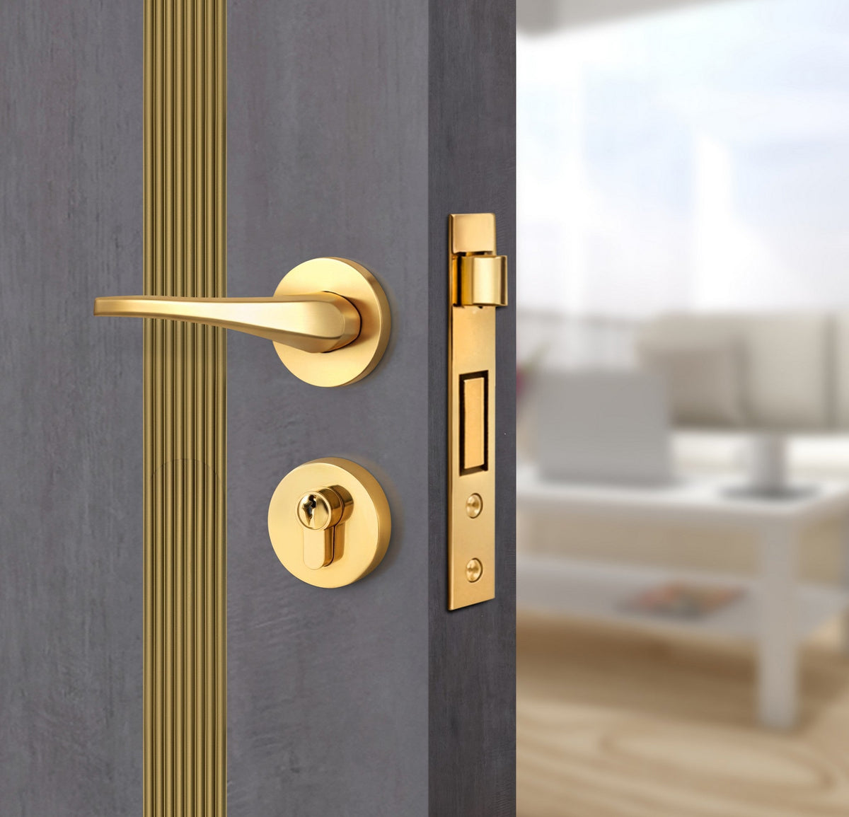 Charcoal Oak Interior Door Slab - Aliyah 1L Inlay Design in Gold epoxy, angled view