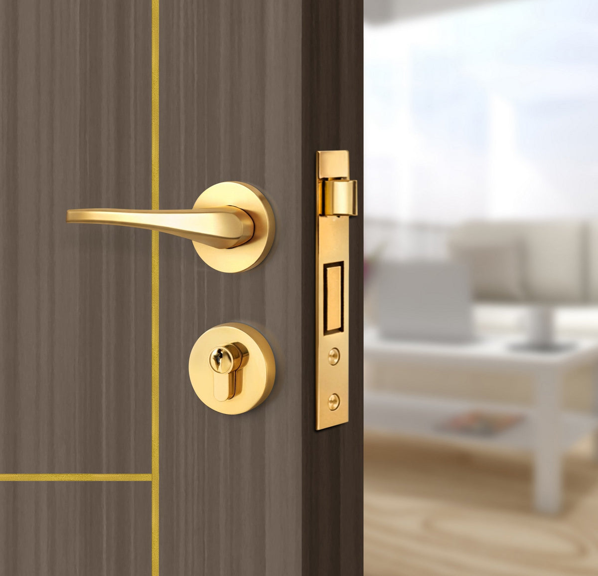 Dark Walnut Interior Door Slab - Scala 4 Concave Design in Solar Gold epoxy, angled view