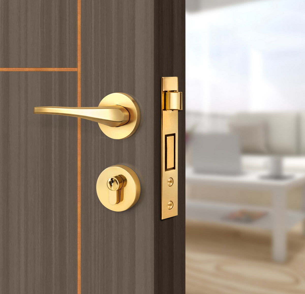 Dark Walnut Interior Door Slab - Scala 1 Concave Design in Copper Pearl epoxy, angled view