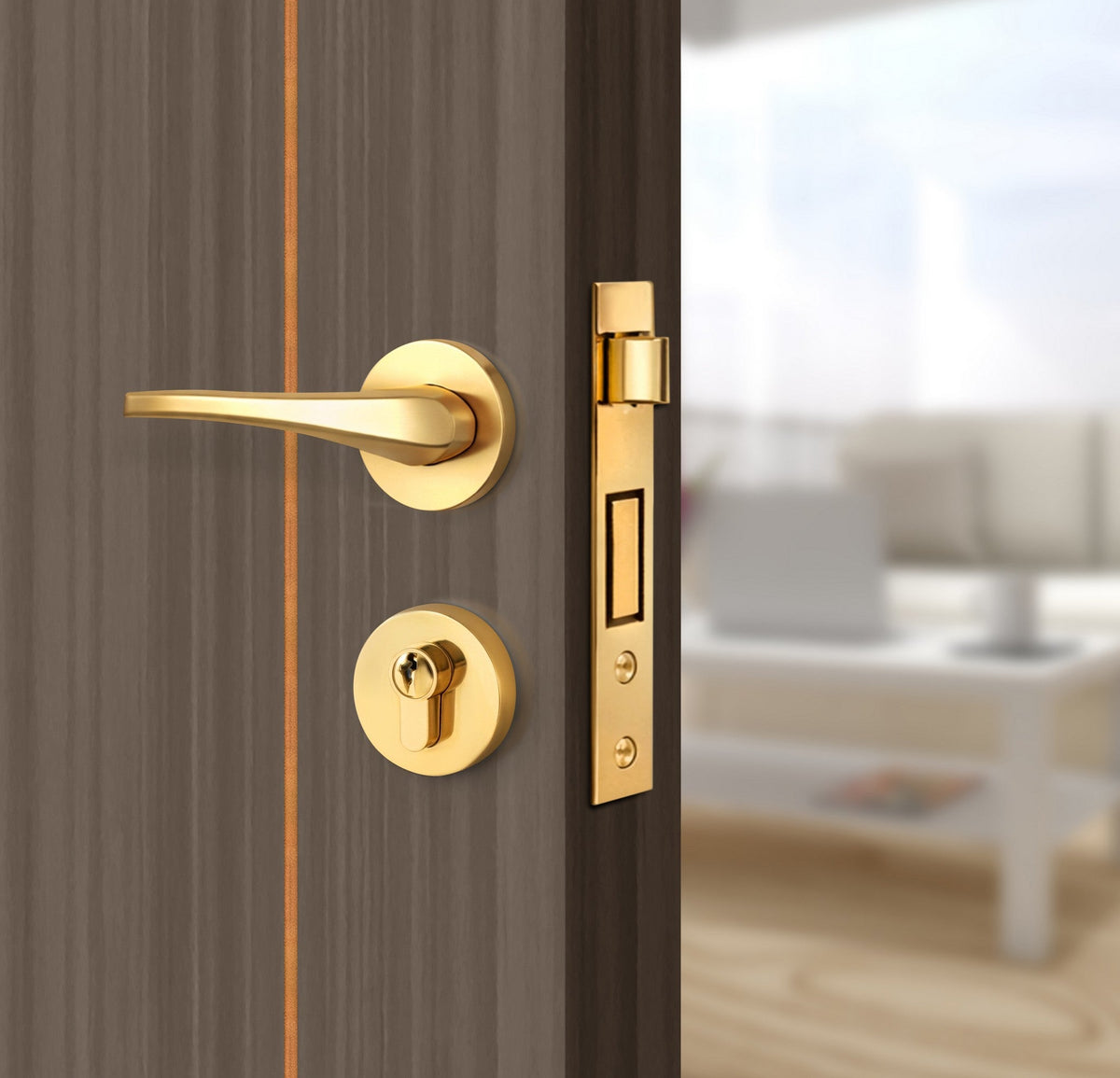 Dark Walnut Interior Door Slab - Axis 2 Concave Design in Copper Pearl epoxy, angled view