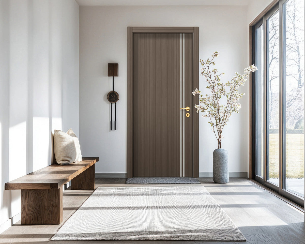 Dark Walnut Interior Door Slab - Aliyah 2L Inlay Design in Satin Silver epoxy, detail view