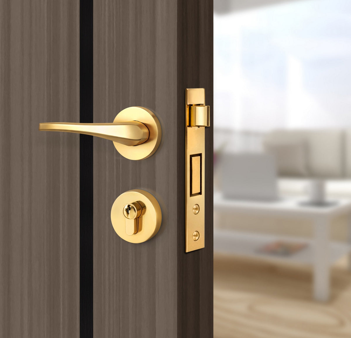 Dark Walnut Interior Door Slab - Aliyah 2 Inlay Design in Glossy Black epoxy, angled view