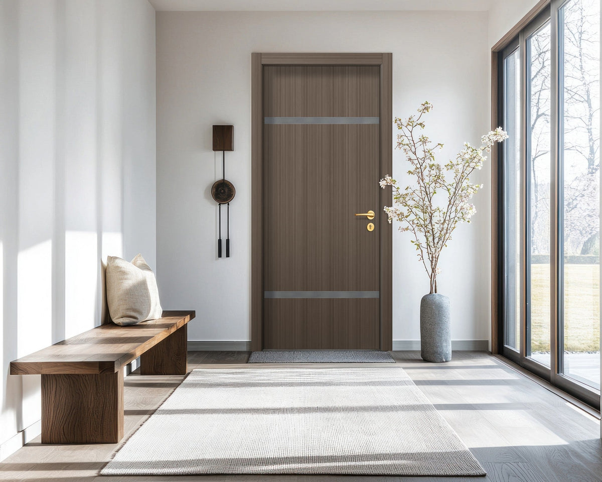 Dark Walnut Interior Double Door Slabs - Elevar 2W Inlay Design in Gray epoxy, detail view