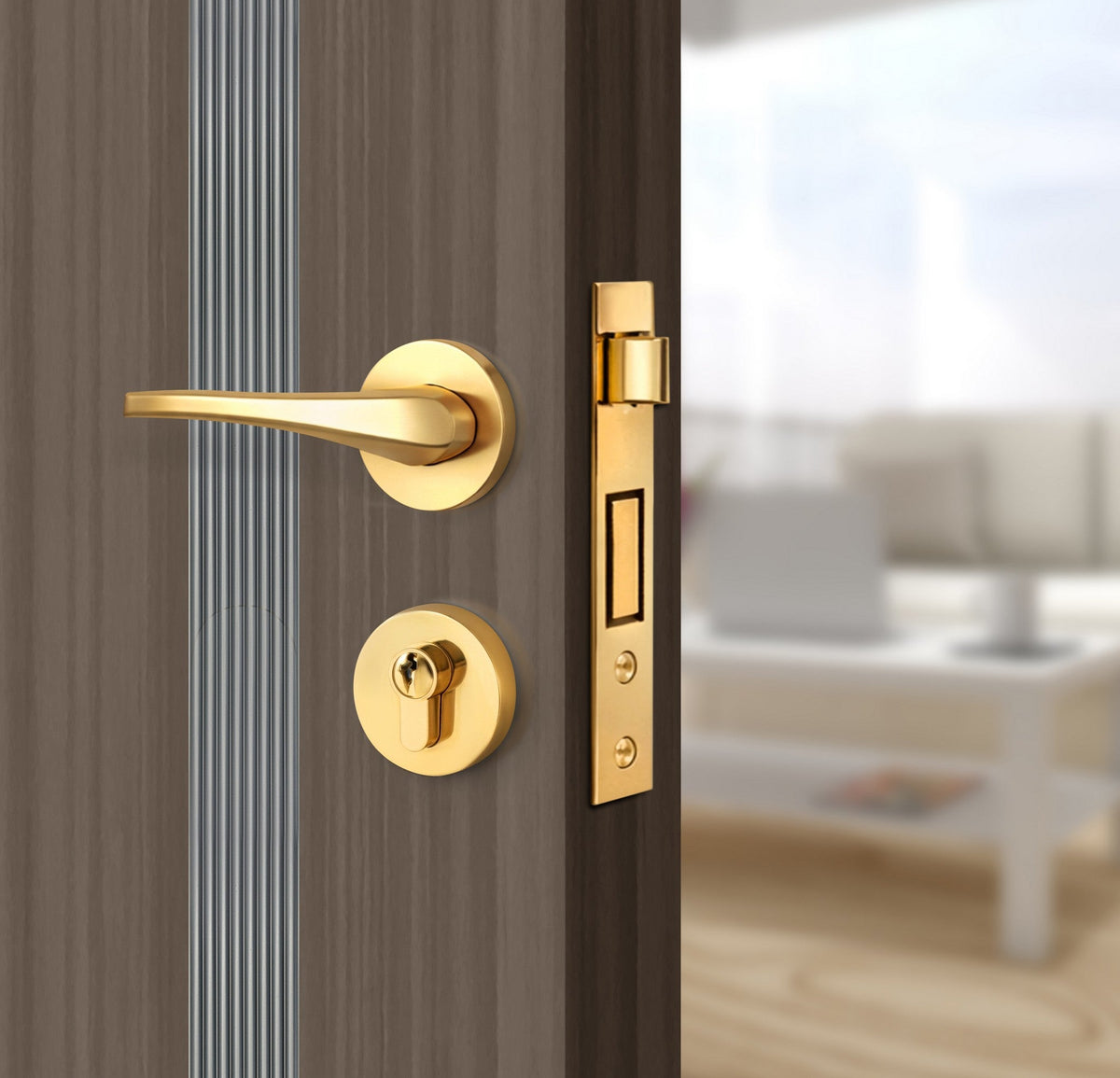 Dark Walnut Interior Door Slab - Aliyah 2 Inlay Design in Gray epoxy, angled view