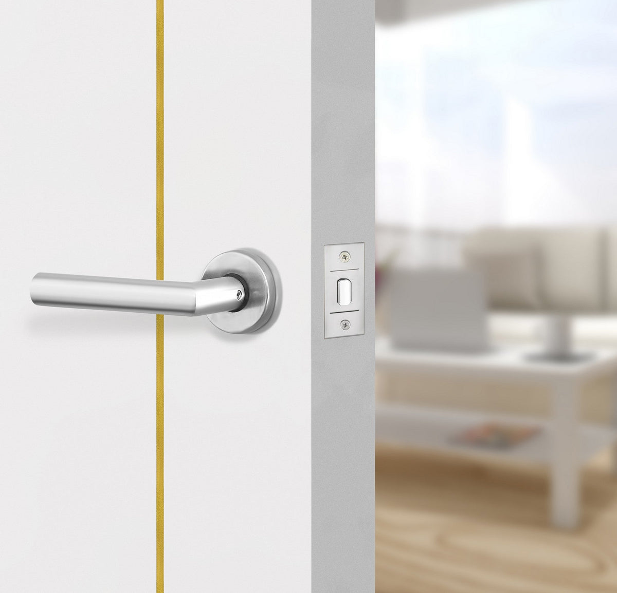 Glacier White Interior Door Slab - Aliyah 2 Concave Design in Solar Gold epoxy, angled view