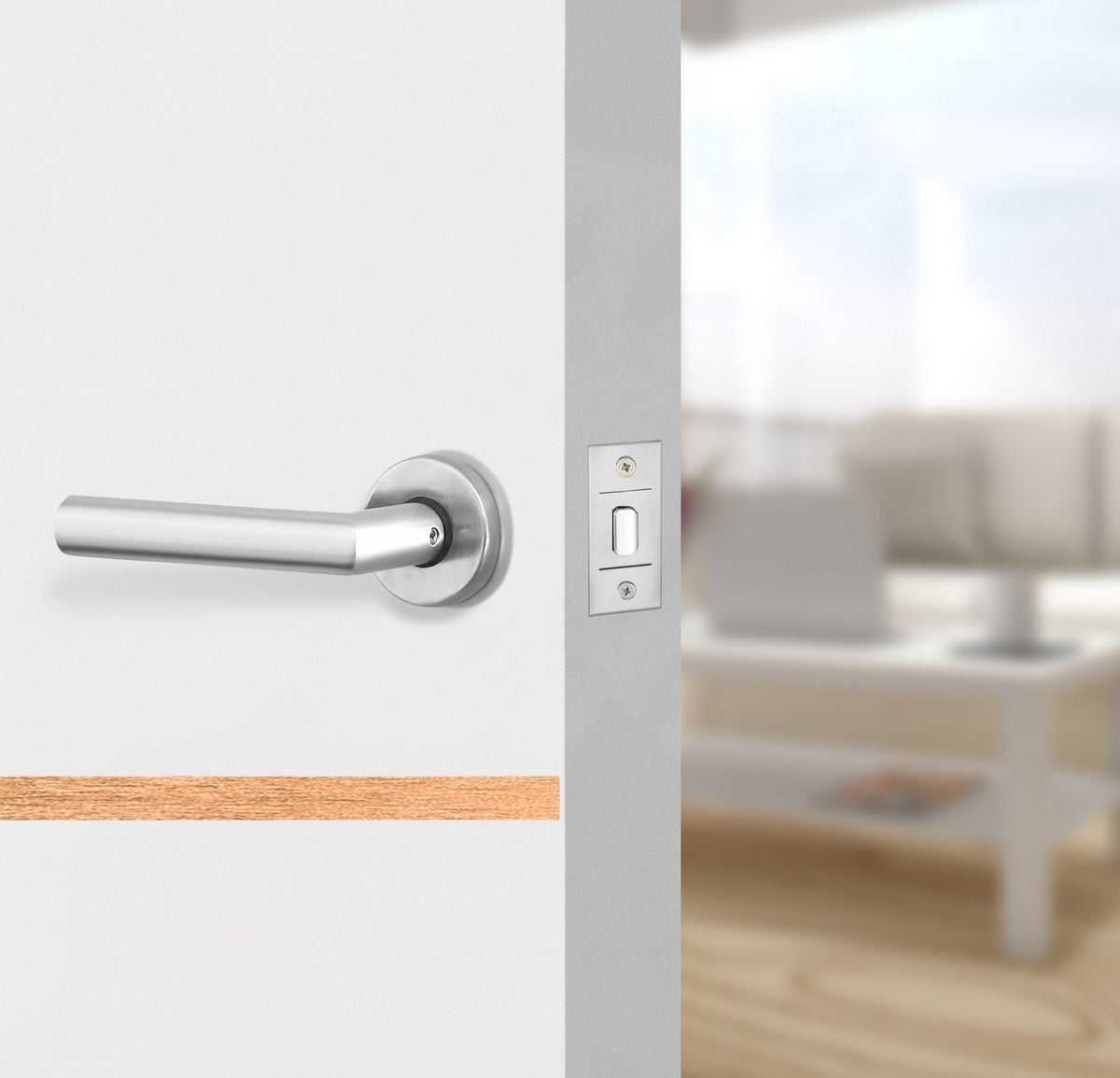 Glacier White Interior Door Slab - Elevar 4 Inlay Design in Brushed Rose Gold epoxy, angled view