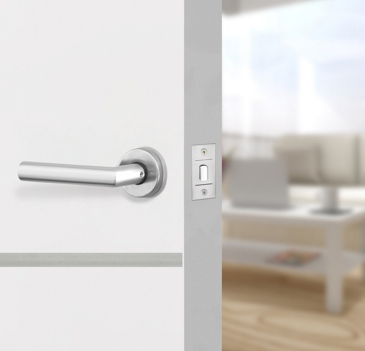 Glacier White Interior Door Slab - Elevar 4 Inlay Design in Satin Silver epoxy, angled view