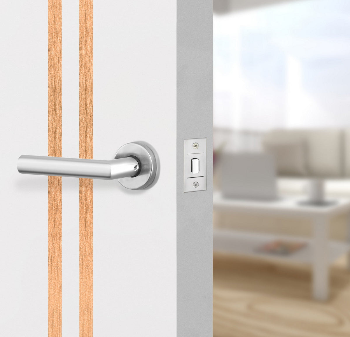 Glacier White Interior Door Slab - Aliyah 2L Inlay Design in Brushed Rose Gold epoxy, angled view