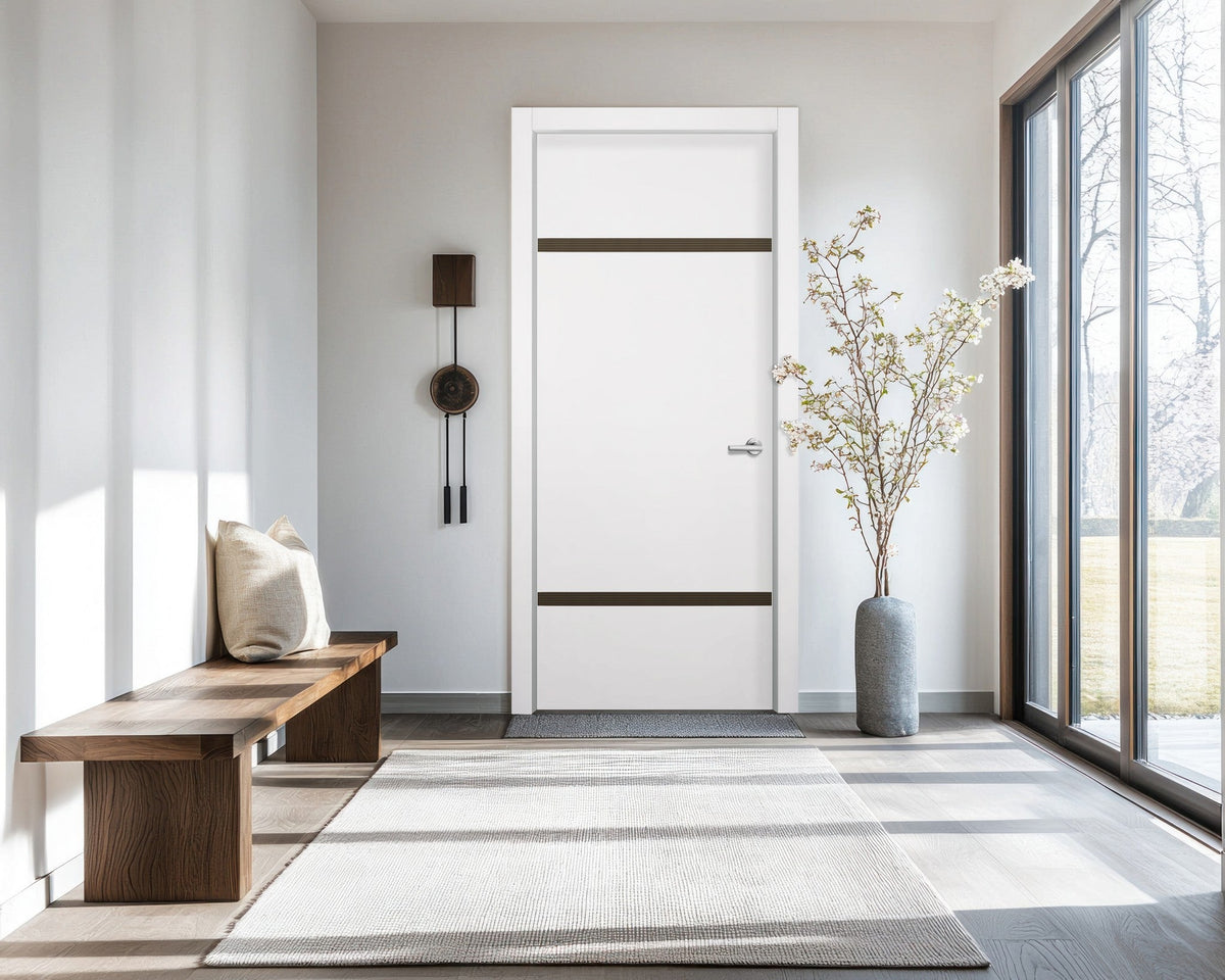 Glacier White Interior Double Door Slabs - Elevar 2W Inlay Design in Bronze epoxy, detail view