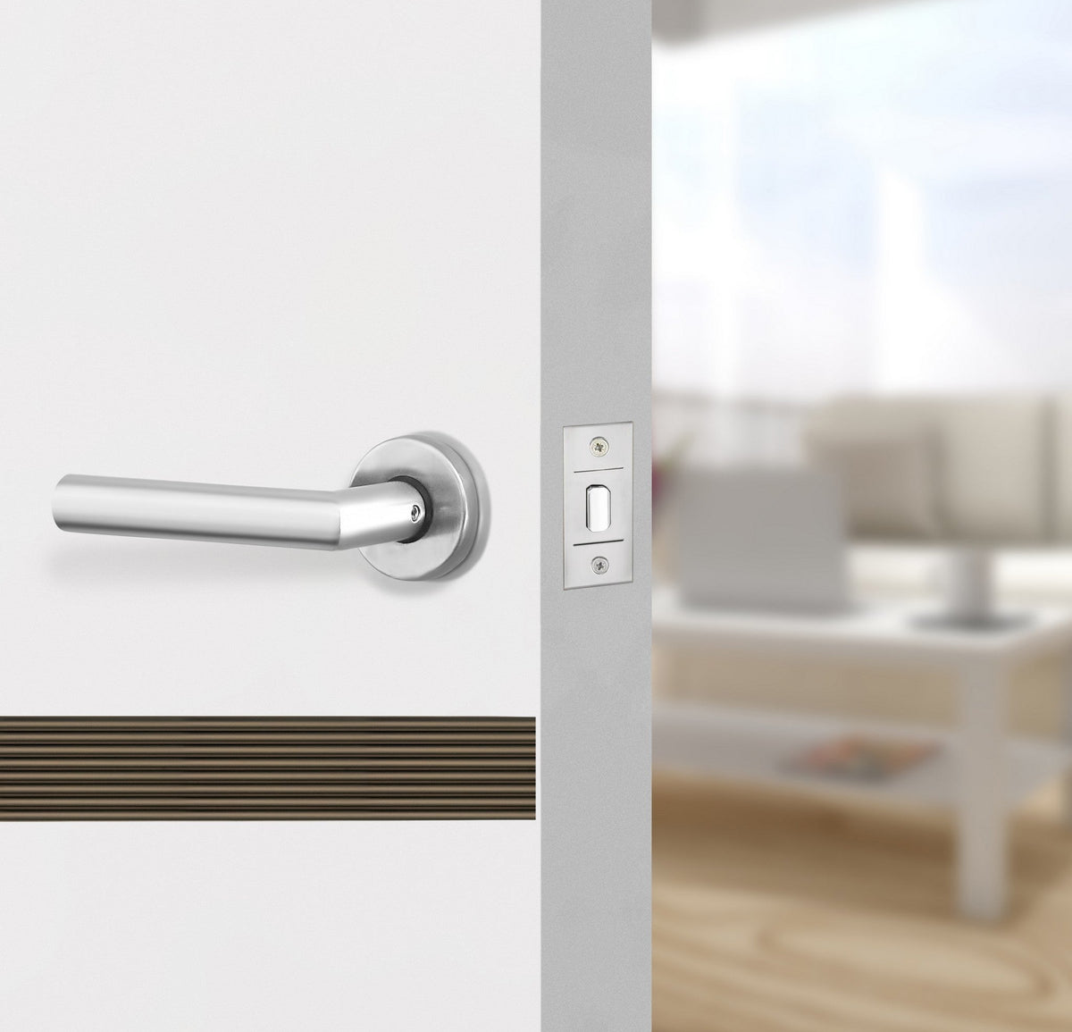 Glacier White Interior Double Door Slabs - Elevar 2N Inlay Design in Bronze epoxy, angled view