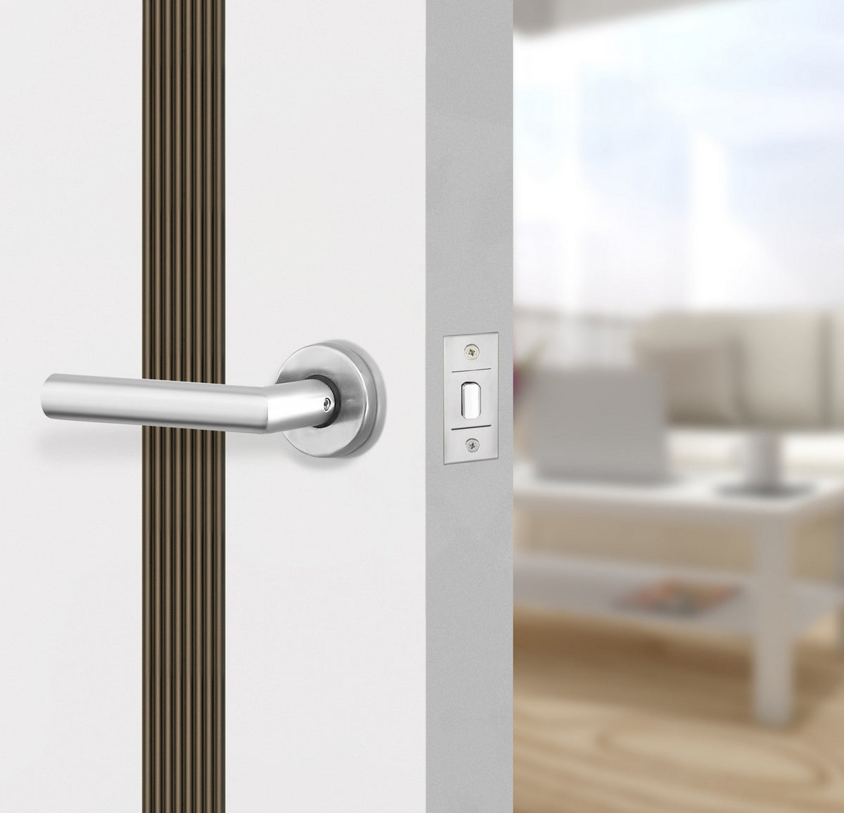 Glacier White Interior Door Slab - Aliyah 2 Inlay Design in Bronze epoxy, angled view