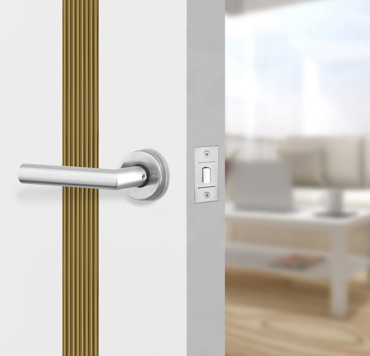 Glacier White Interior Door Slab - Aliyah 2 Inlay Design in Gold epoxy, angled view