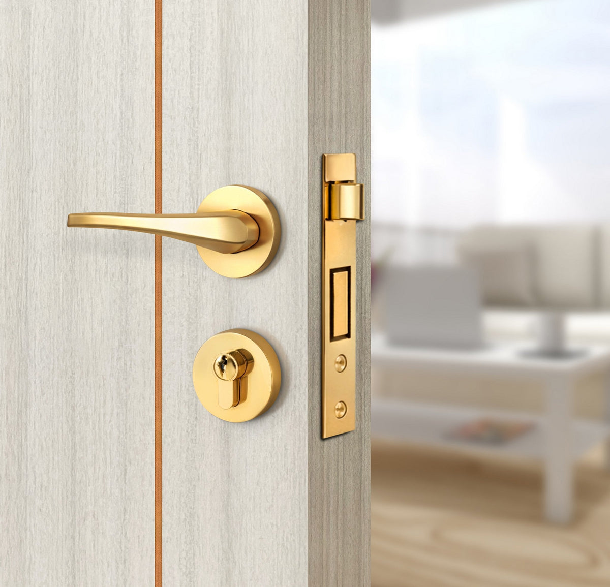 Ivory Oak  Interior Door Slab - Aliyah 1L Concave Design in Copper Pearl epoxy, angled view