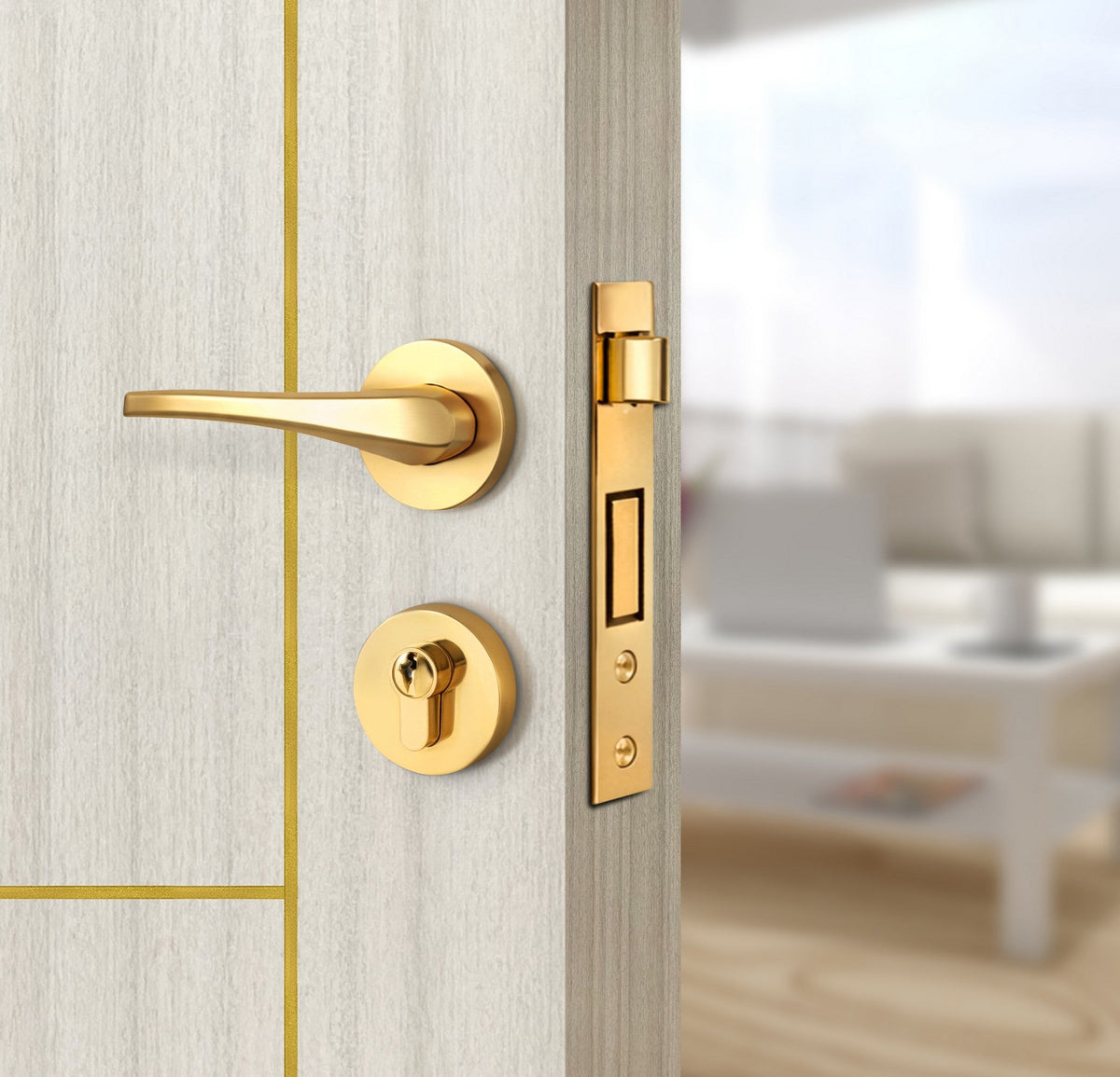 Ivory Oak  Interior Door Slab - Scala 4 Concave Design in Solar Gold epoxy, angled view