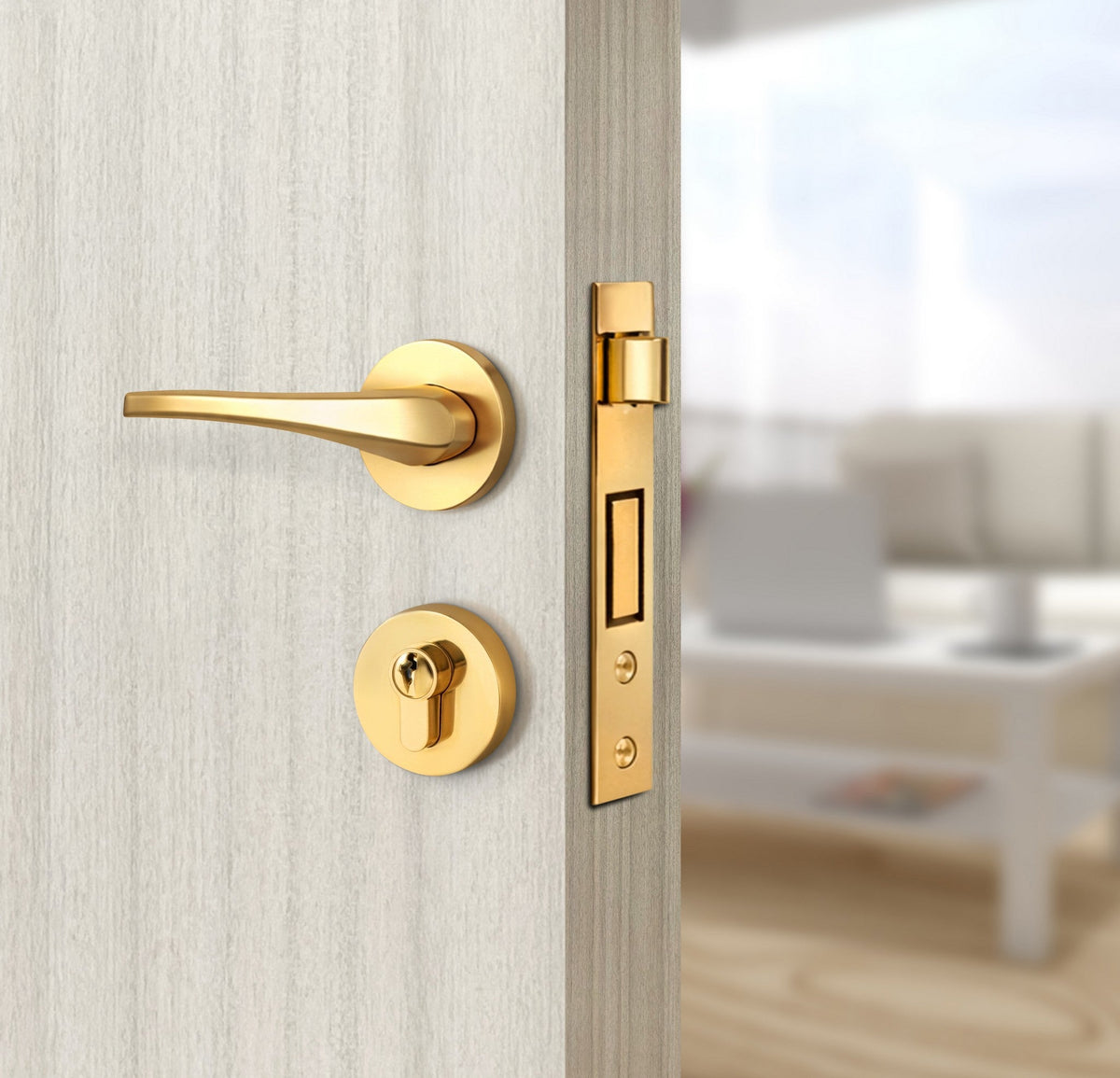 Ivory Oak  Interior Double Door Slabs - Elevar 2W Inlay Design in Brushed Rose Gold epoxy, angled view
