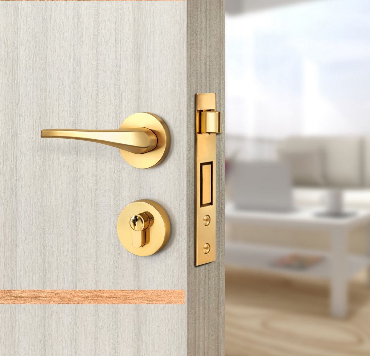 Ivory Oak  Interior Double Door Slabs - Elevar 2N Inlay Design in Brushed Rose Gold epoxy, angled view