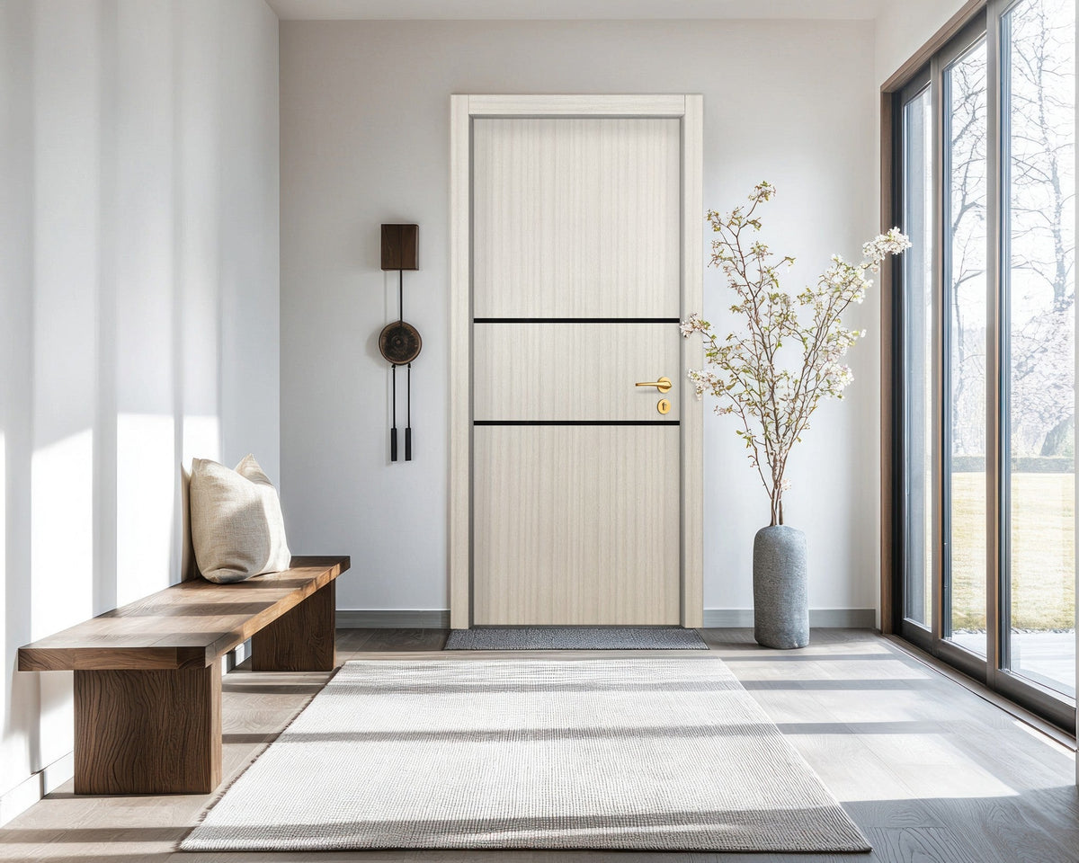 Ivory Oak  Interior Door Slab - Elevar 2N Inlay Design in Glossy Black epoxy, detail view