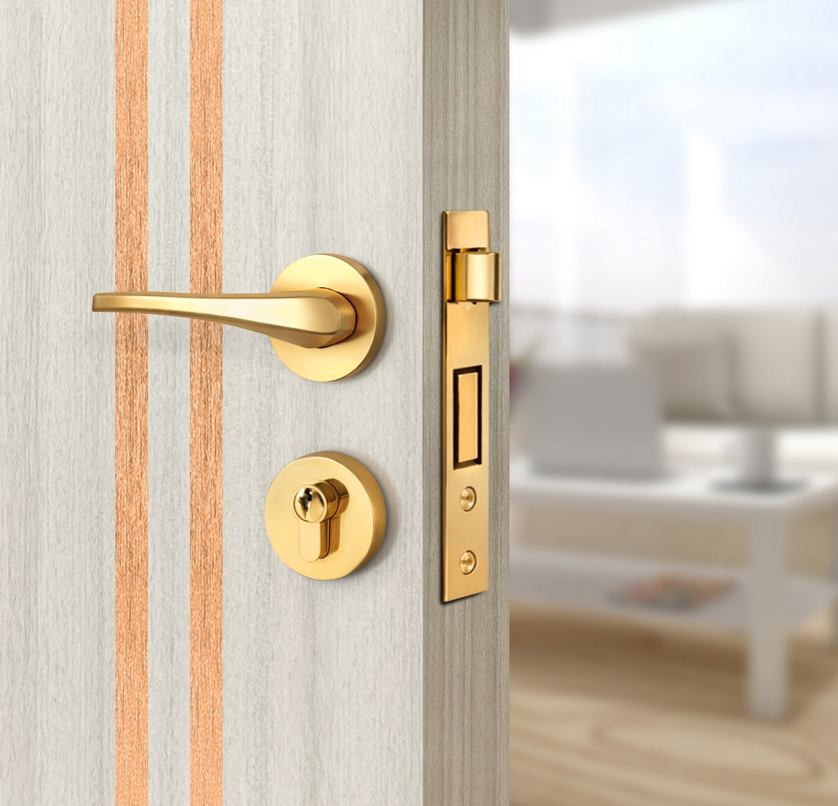 Ivory Oak  Interior Door Slab - Aliyah 2L Inlay Design in Brushed Rose Gold epoxy, angled view