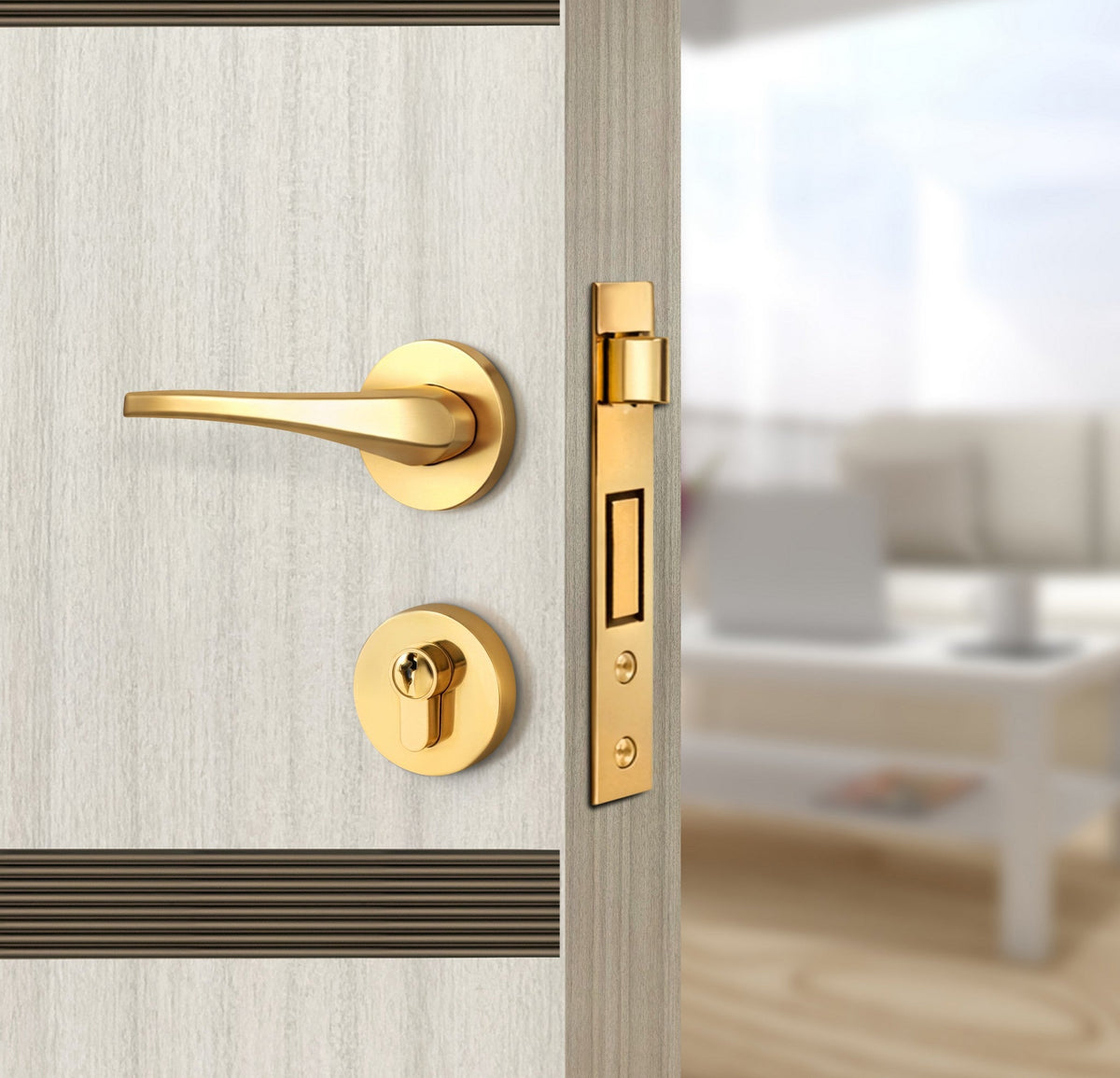 Ivory Oak  Interior Double Door Slabs - Elevar 2N Inlay Design in Bronze epoxy, angled view