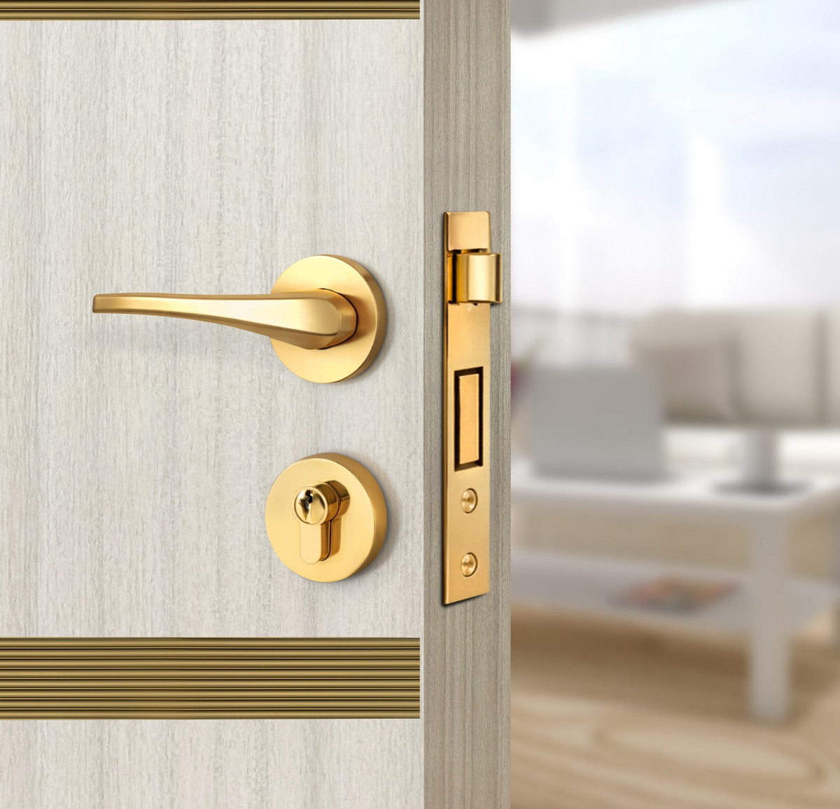 Ivory Oak  Interior Double Door Slabs - Elevar 2N Inlay Design in Gold epoxy, angled view