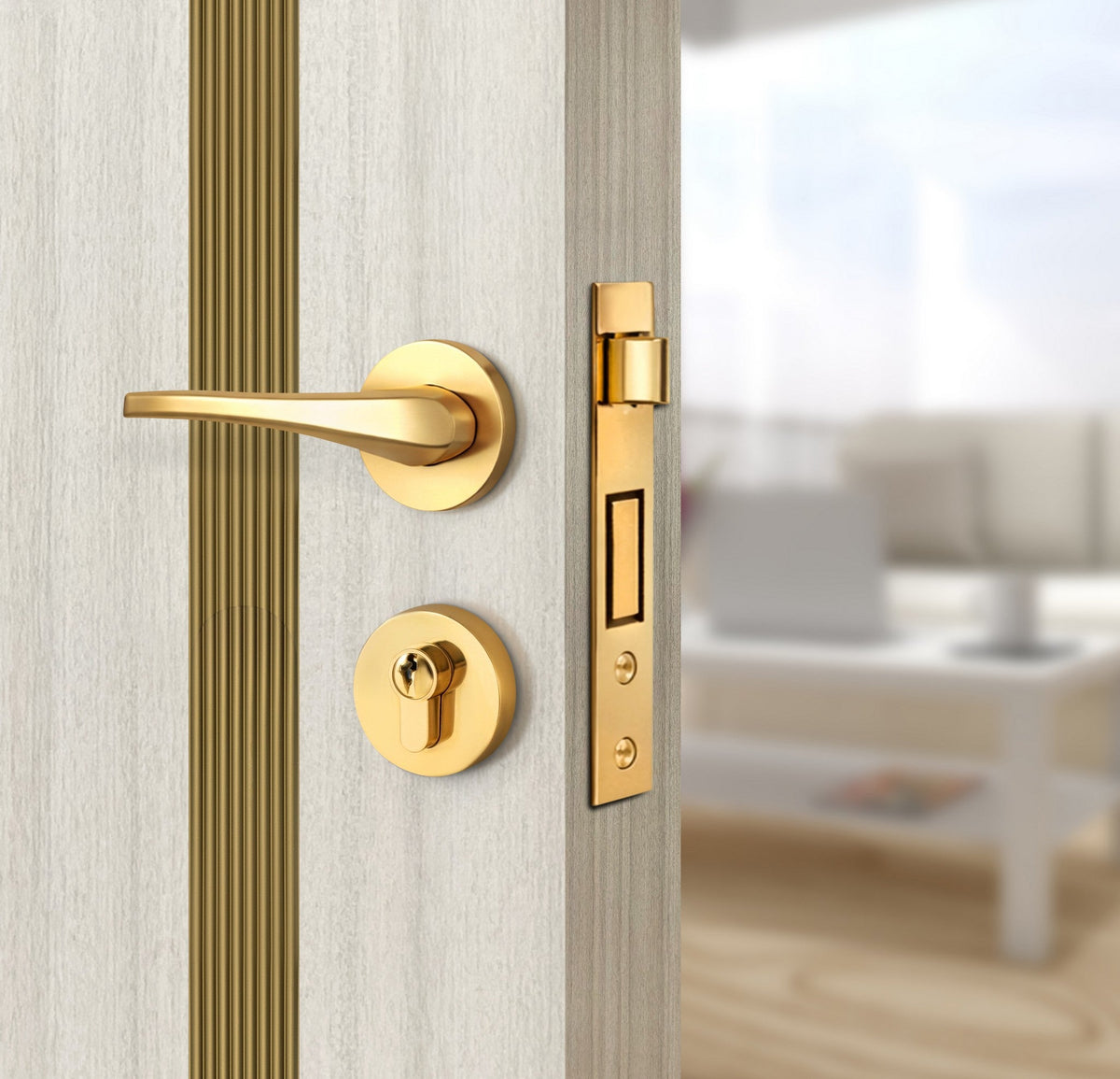 Ivory Oak  Interior Double Door Slabs - Aliyah 2 Inlay Design in Gold epoxy, angled view