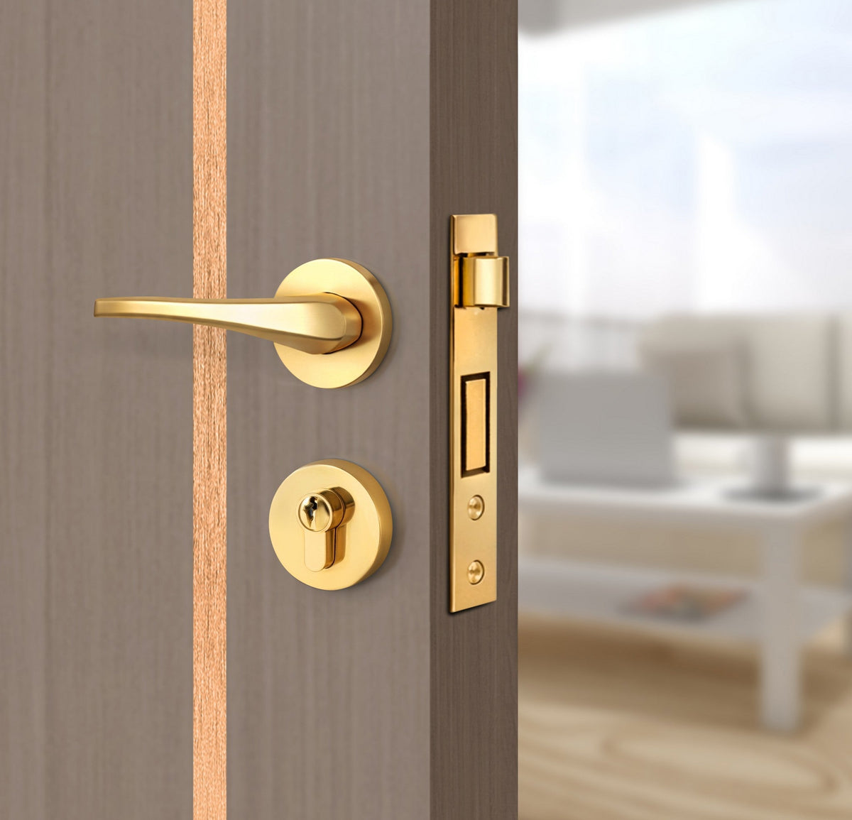 Rich Walnut Interior Door Slab - Aliyah 1L Inlay Design in Brushed Rose Gold epoxy, angled view