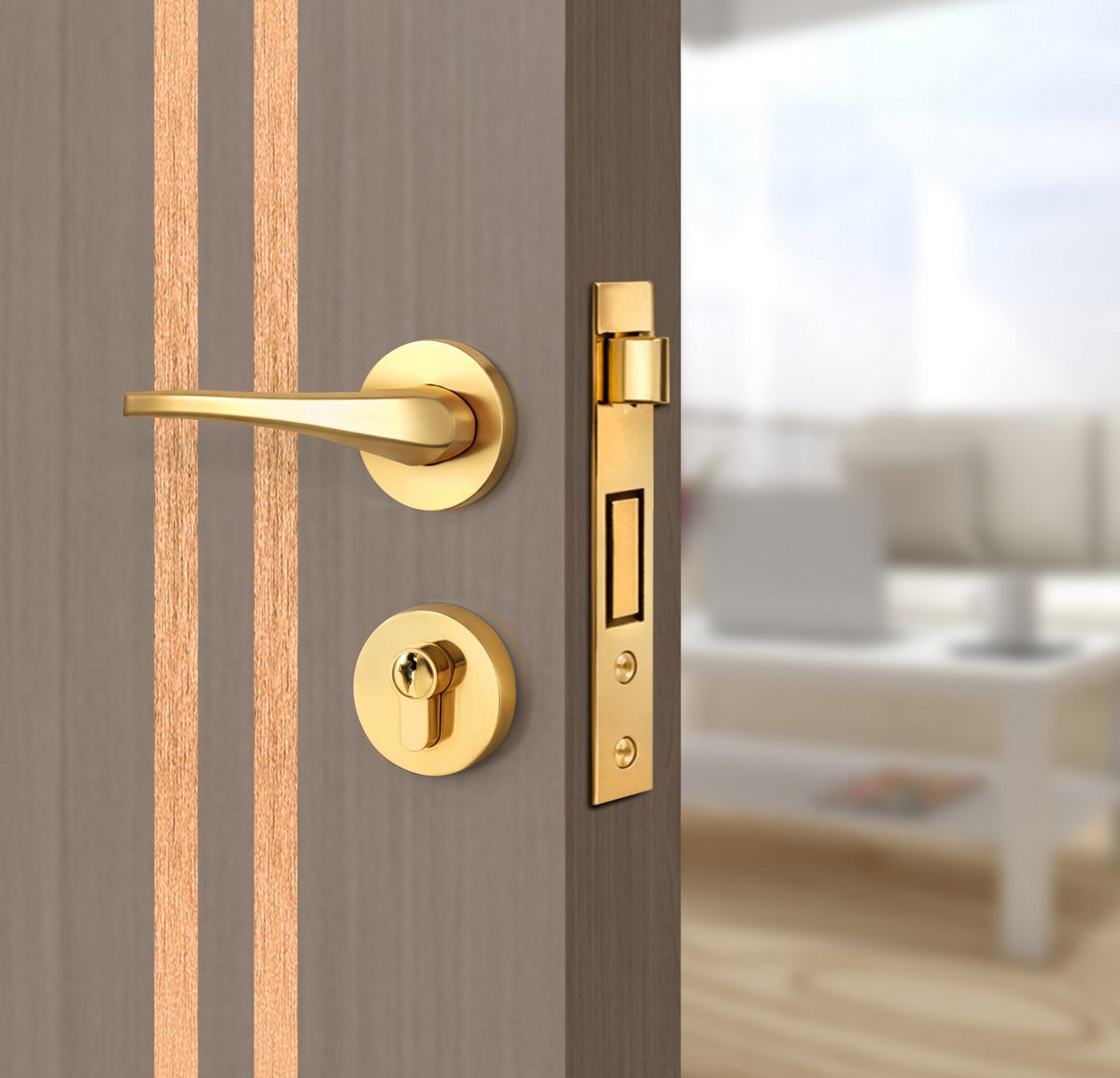 Rich Walnut Interior Door Slab - Aliyah 2L Inlay Design in Brushed Rose Gold epoxy, angled view