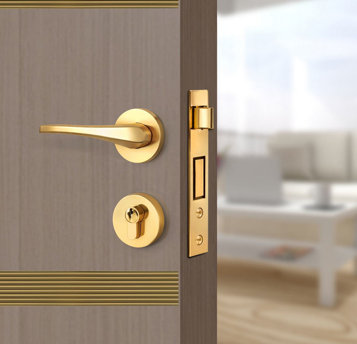 Rich Walnut Interior Door Slab - Elevar 2N Inlay Design in Gold epoxy, angled view
