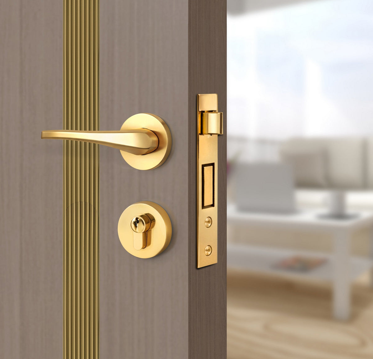 Rich Walnut Interior Door Slab - Aliyah 1L Inlay Design in Gold epoxy, angled view