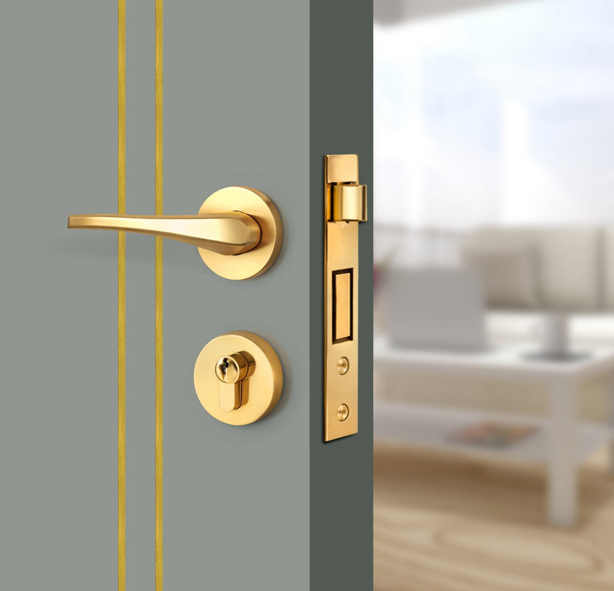 Slate Gray Interior Door Slab - Aliyah 2L Concave Design in Solar Gold epoxy, angled view