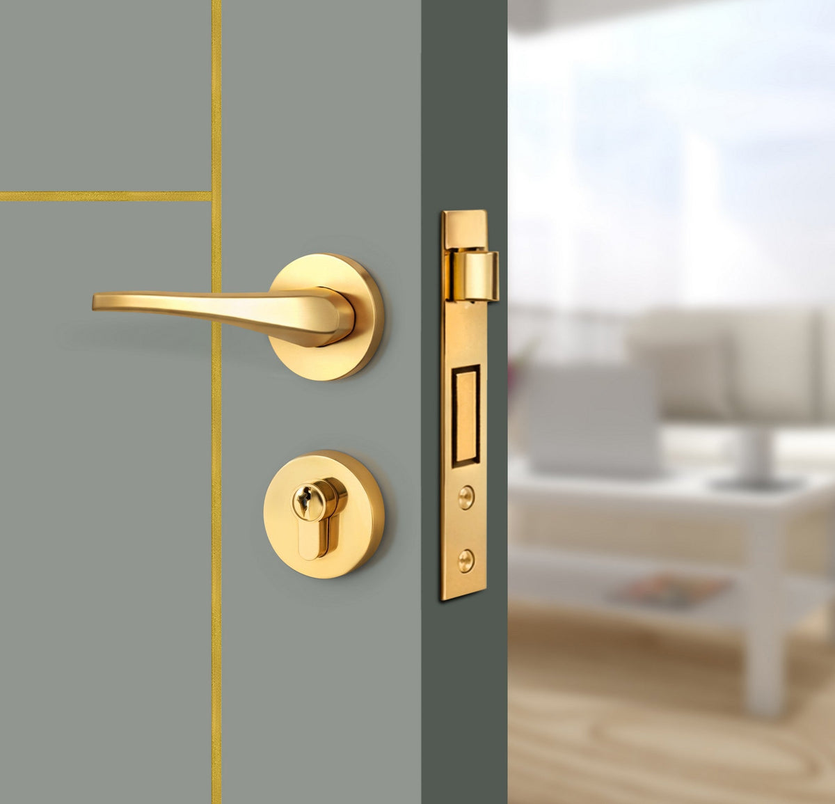 Slate Gray Interior Door Slab - Scala 3 Concave Design in Solar Gold epoxy, angled view