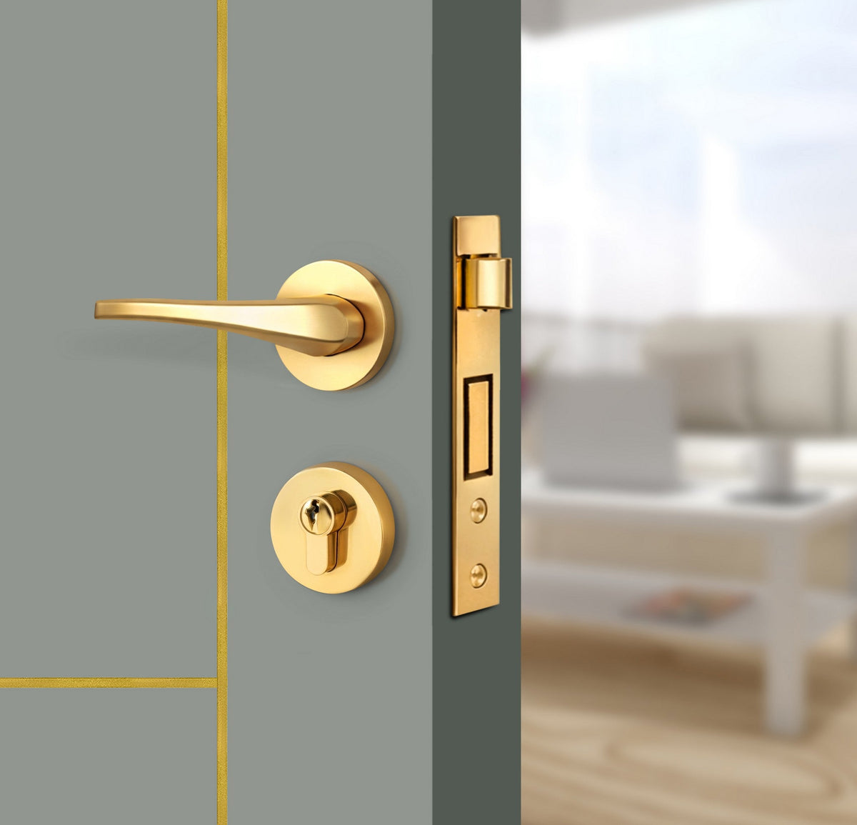 Slate Gray Interior Door Slab - Scala 4 Concave Design in Solar Gold epoxy, angled view